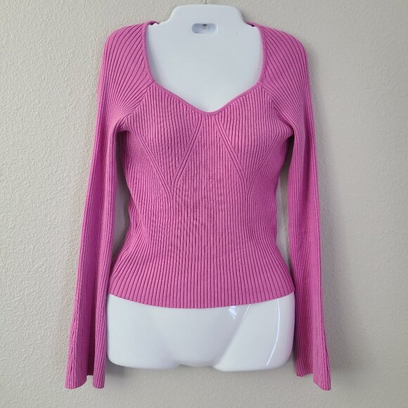 Women’s Ribbed Sweetheart Neck Long Sleeve Sweater Pink Rose Size Medium - Picture 3 of 10
